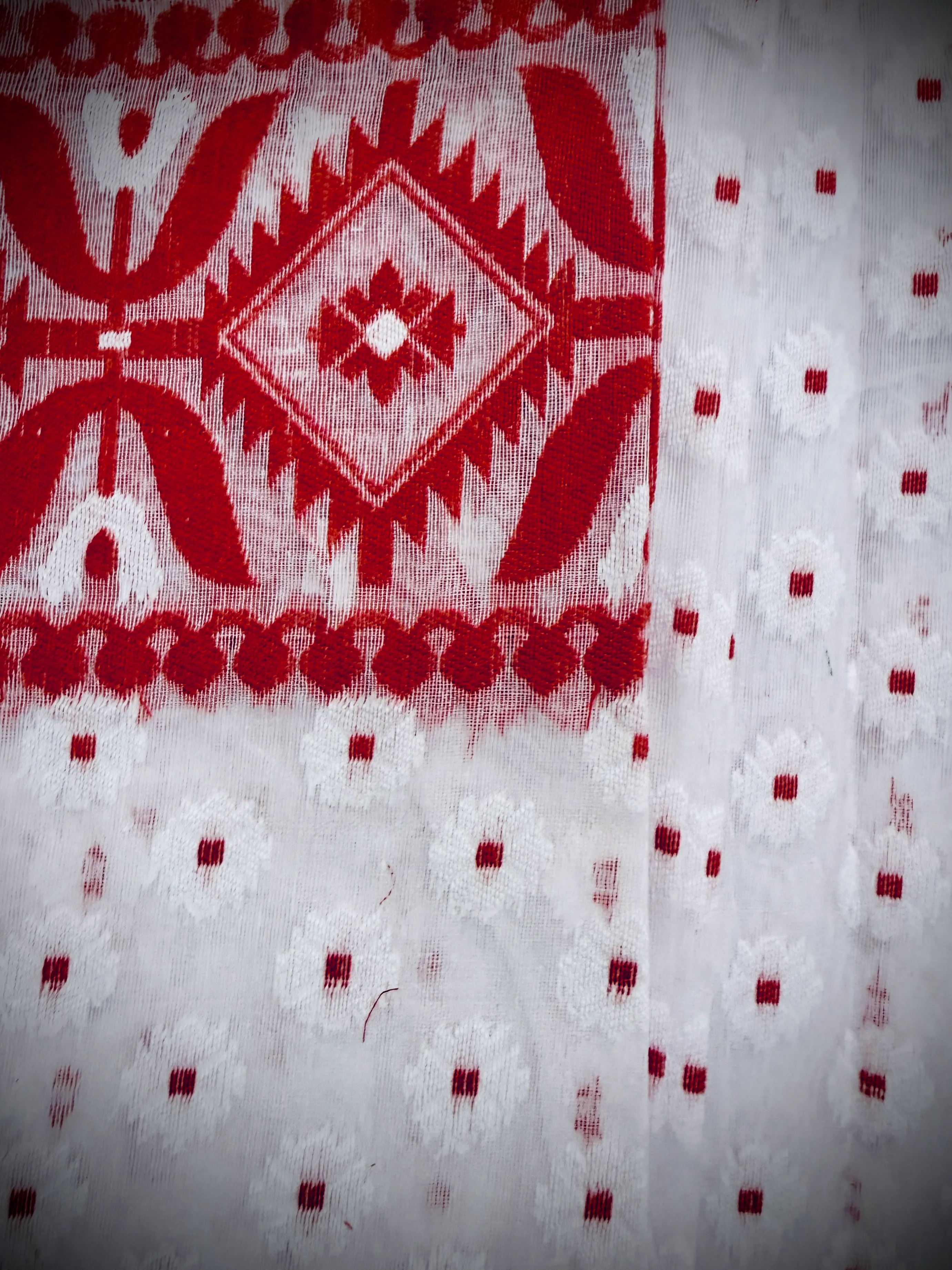 Close-up of a Dhakai jamdani saree's woven border motif and white polka-dot body against the red ikat diamond field.