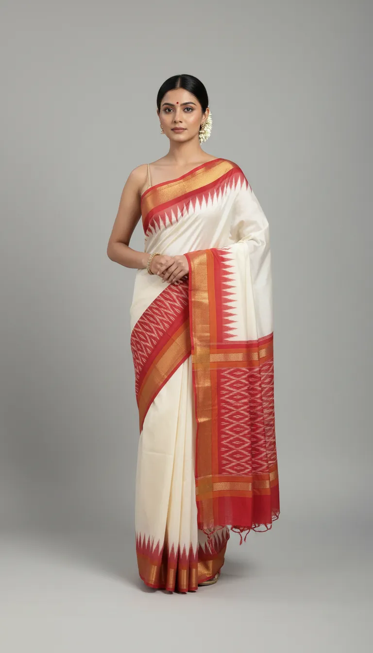AI-rendered image of a model wearing the Pochampally ikkat silk saree in a studio setting (product-to-model render, not an original photograph).